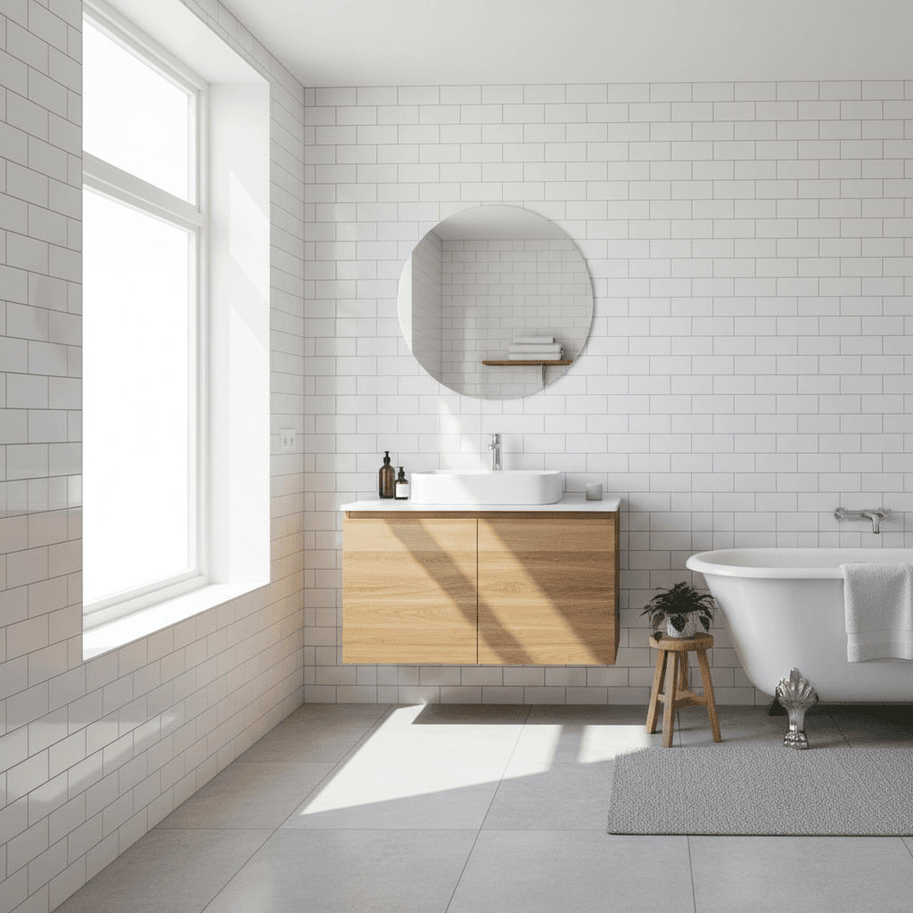 Modern bathroom renovation with tile and fixture upgrades