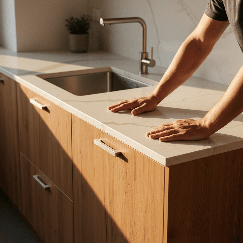 Newly renovated kitchen countertop with warm wood cabinetry and polished surface