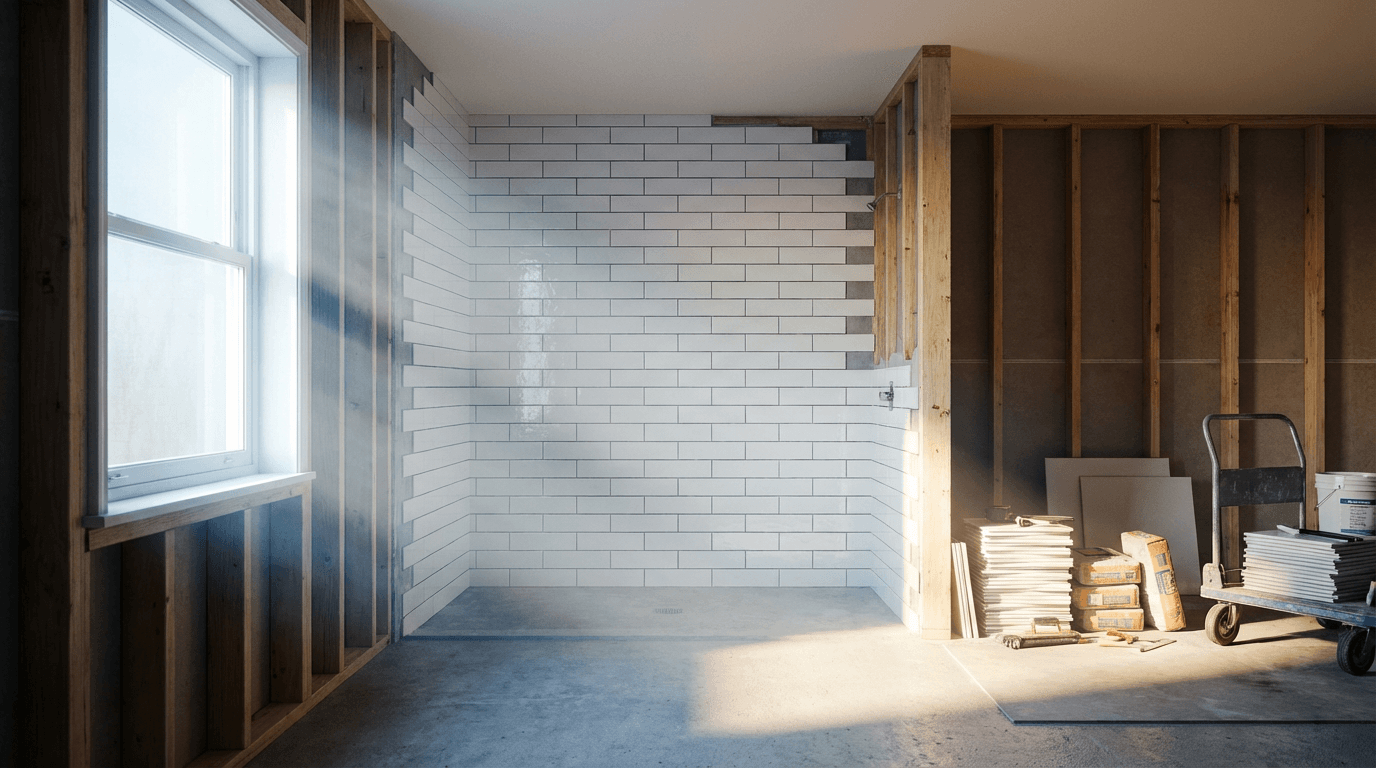 Modern bathroom renovation in progress showing quality fixtures and finishes