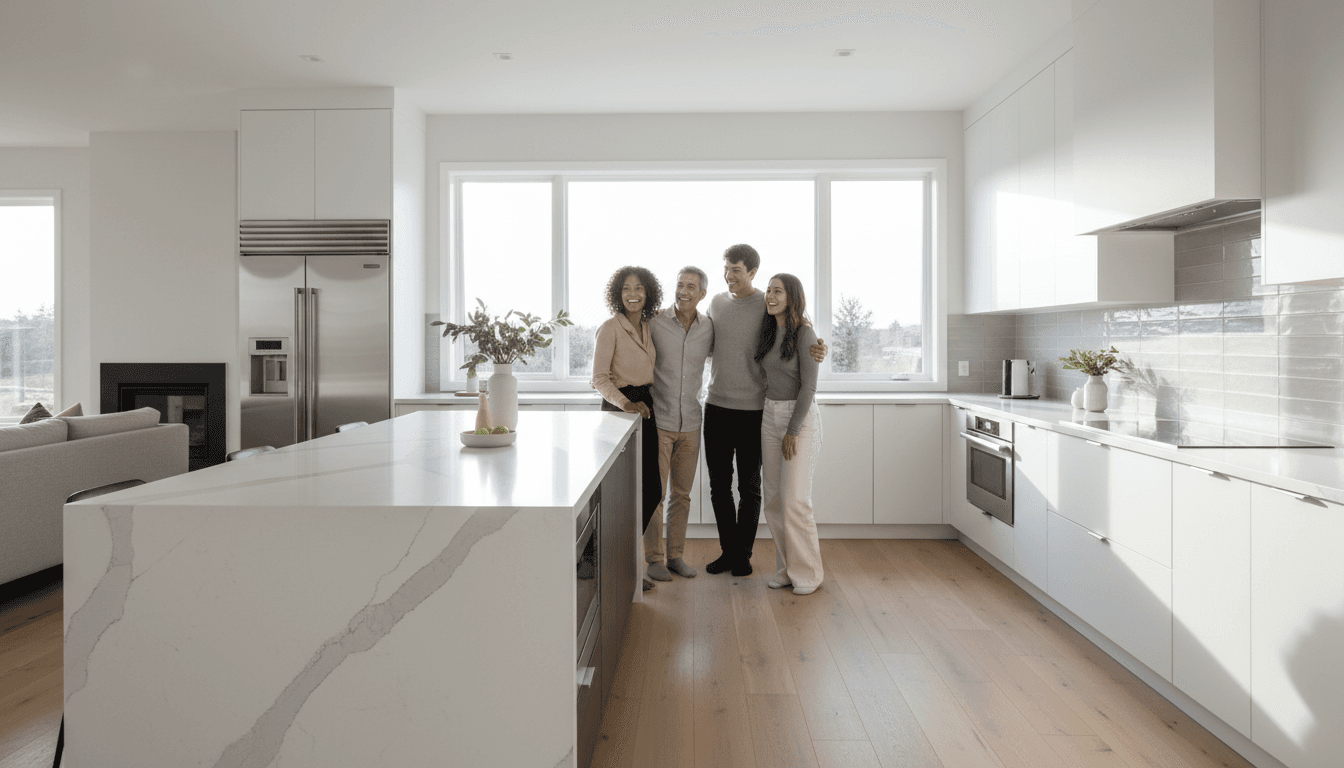 Completed modern kitchen renovation with homeowner admiring the finished space