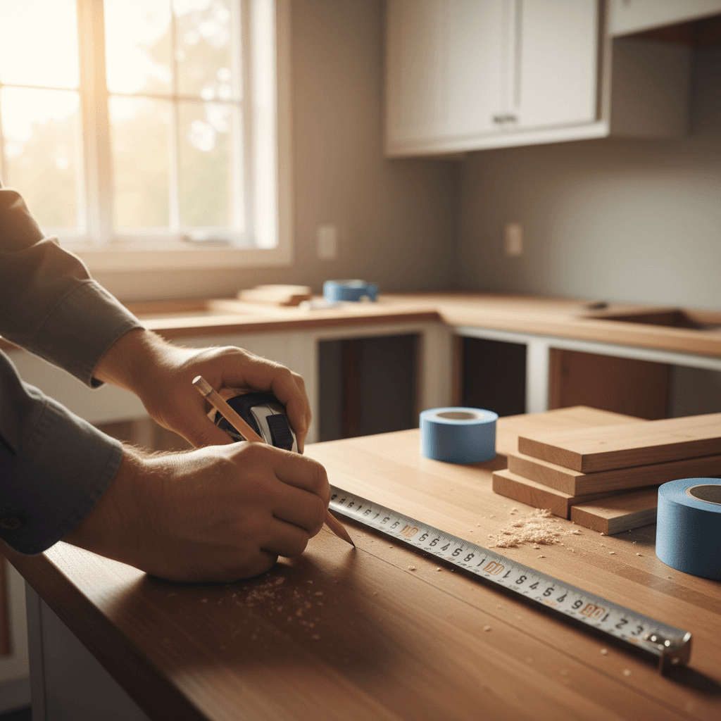 Contractor measuring kitchen countertop with tape measure and pencil