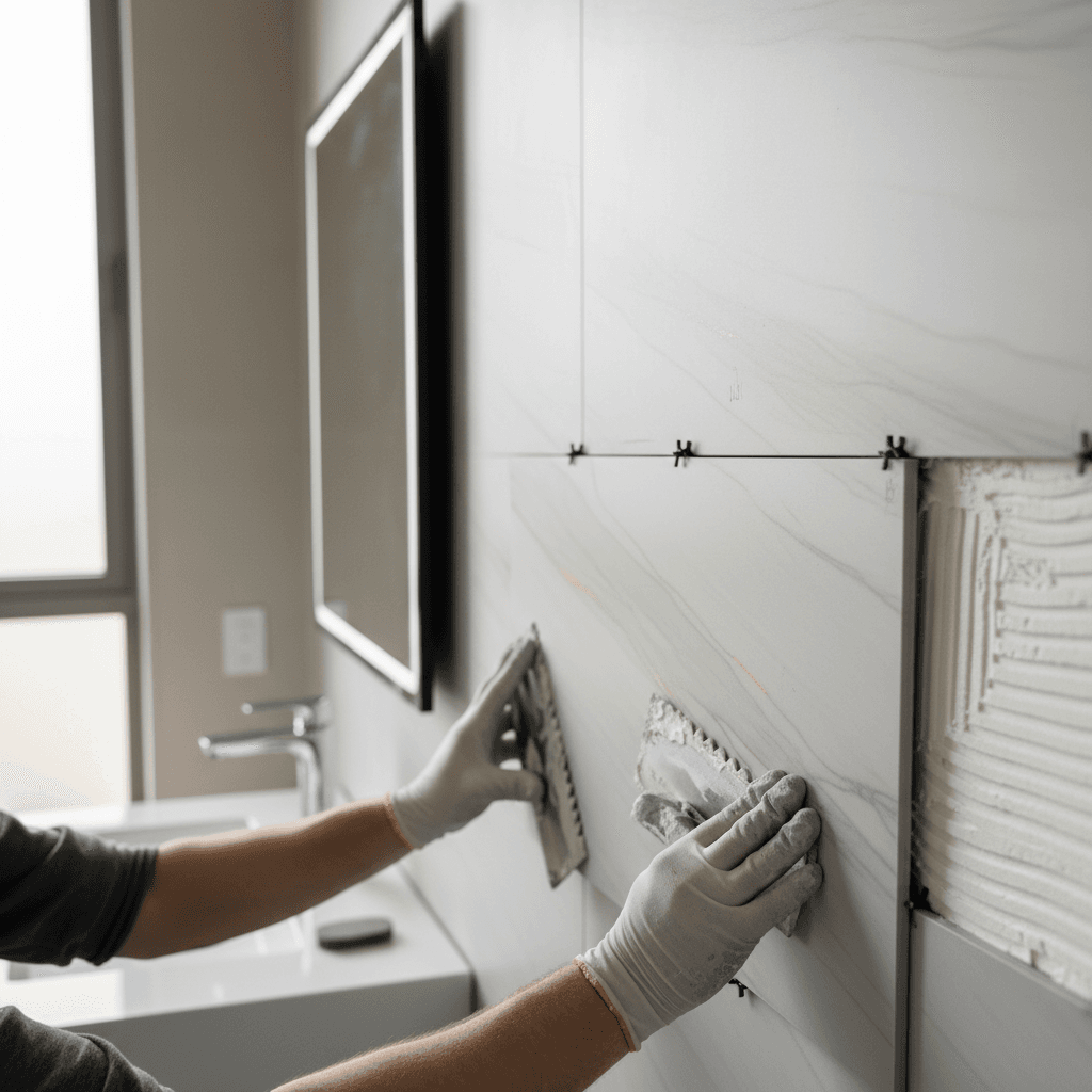 Close-up of professional tile installation and finishing work