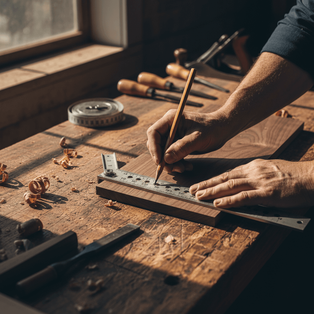 Close-up of hands measuring hardwood flooring during home renovation