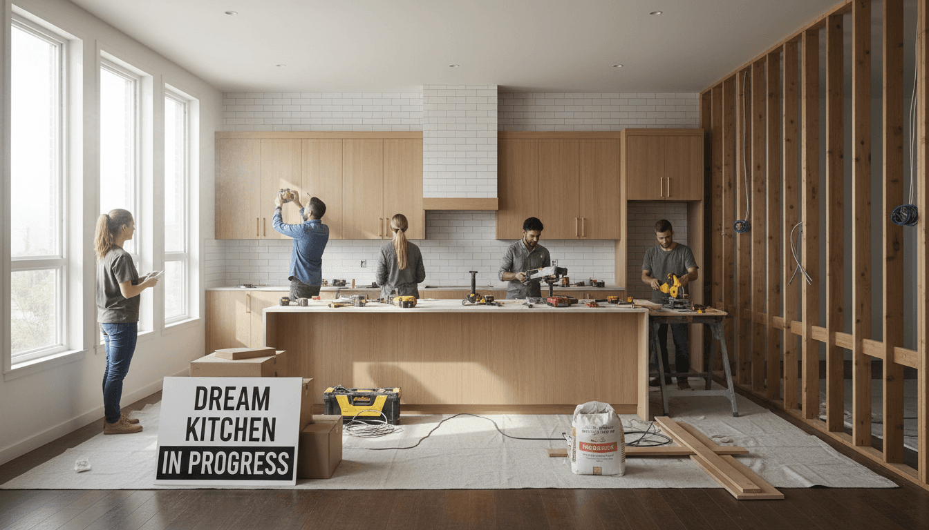 Skilled craftsperson measuring and installing kitchen cabinetry during a home renovation project