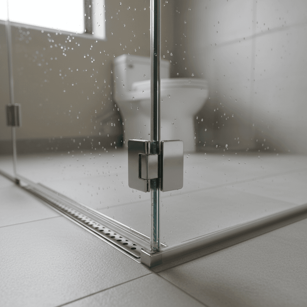 Modern bathroom shower with frameless glass enclosure
