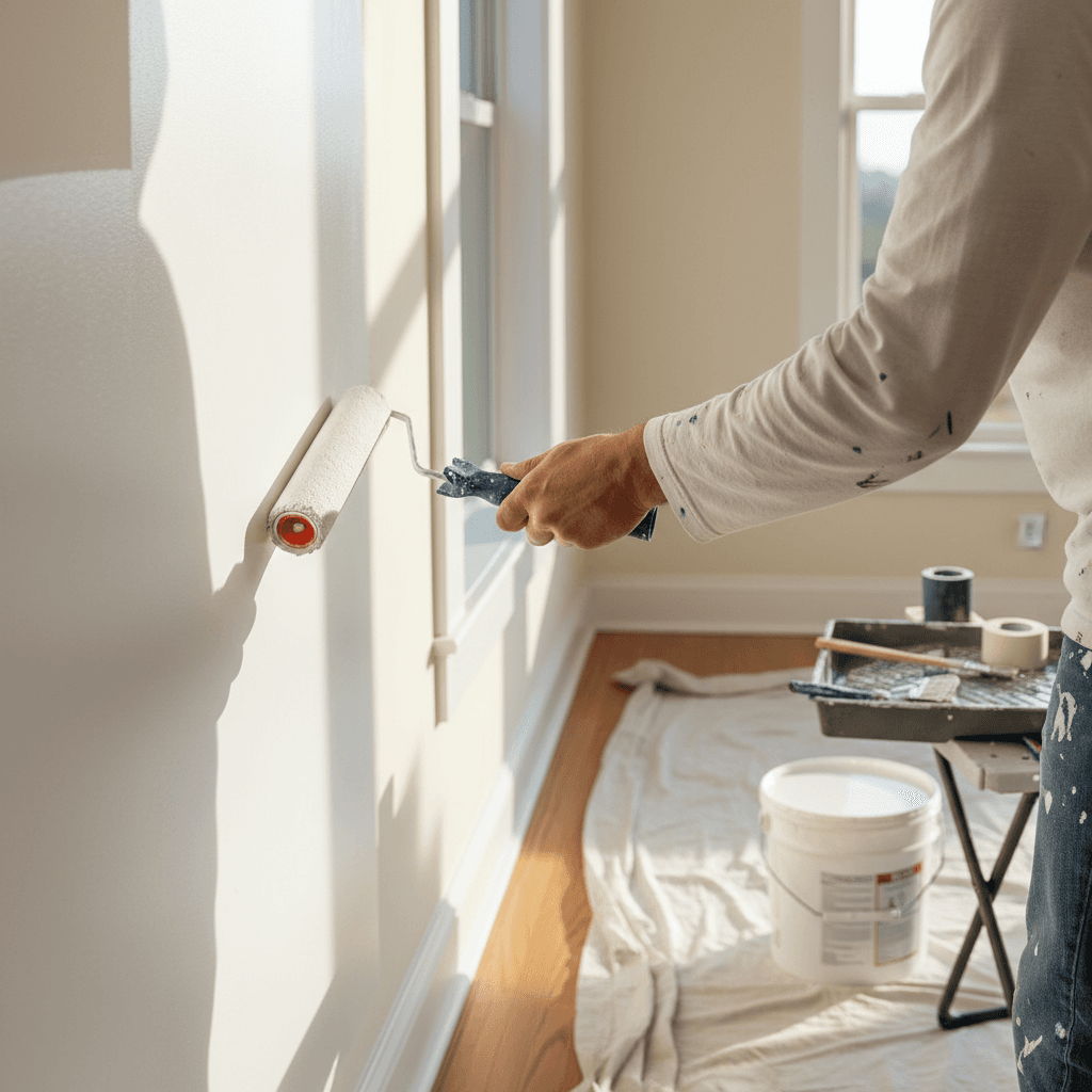 Master bedroom renovation with built-in shelving and new finishes