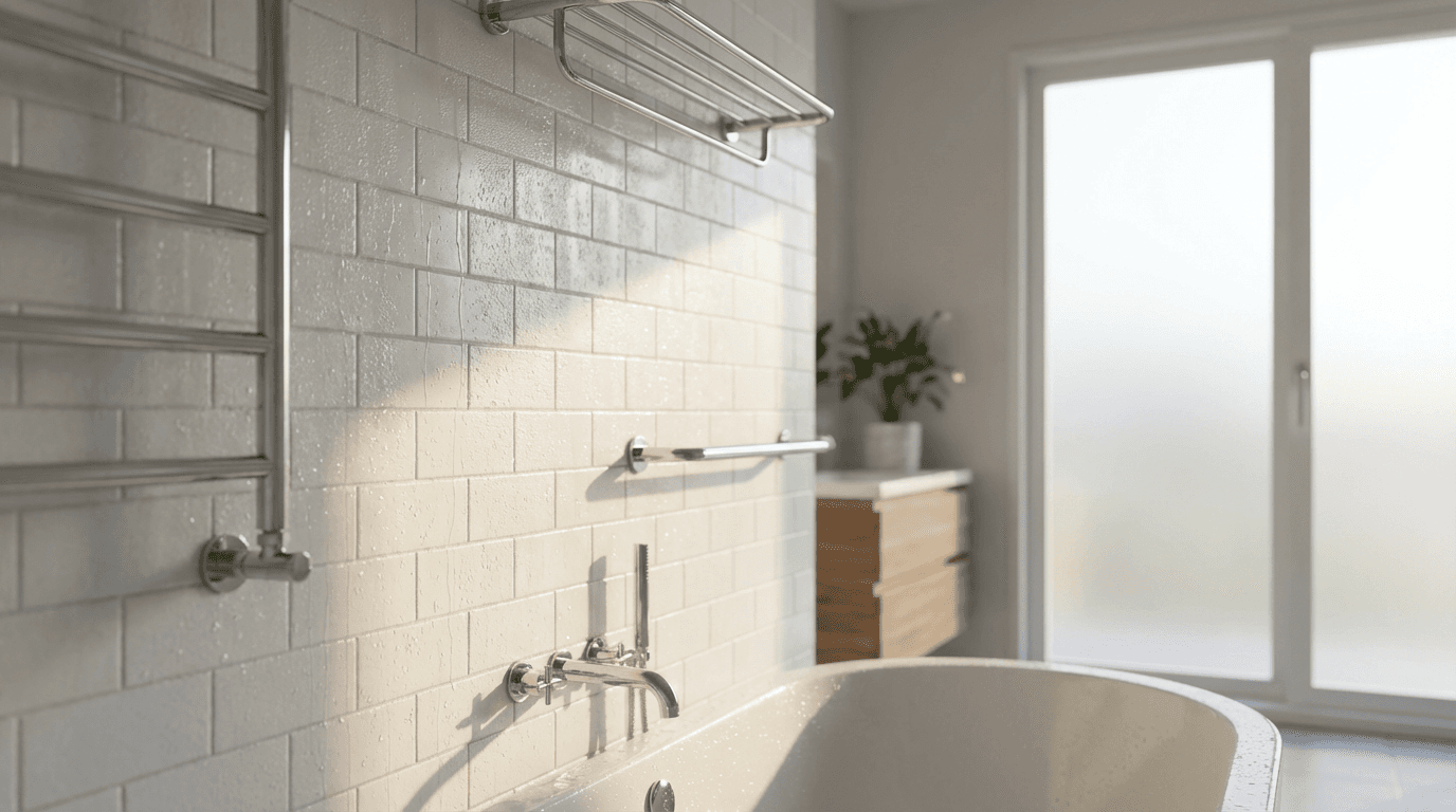 Completed bathroom renovation with subway tile and modern fixtures