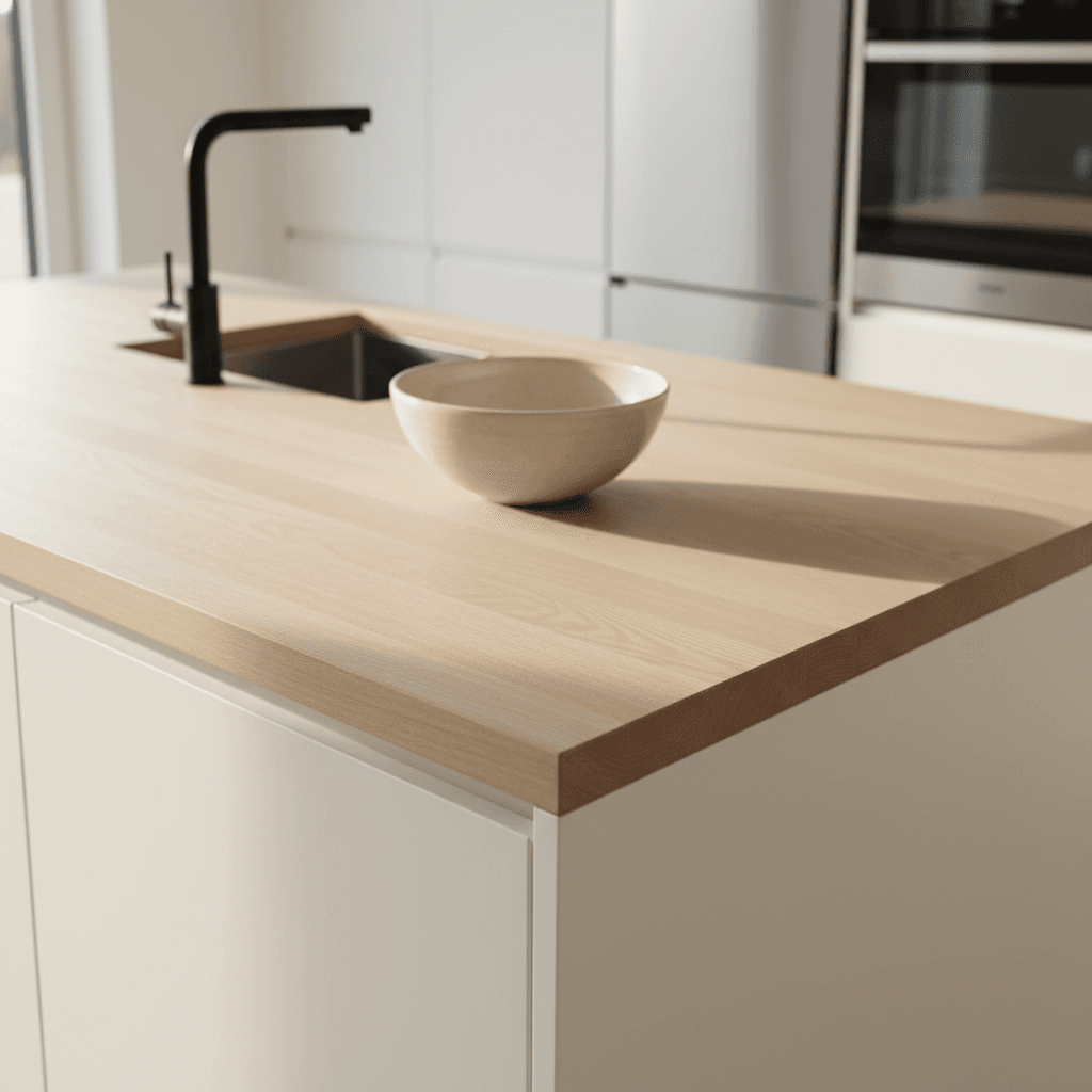 Modern kitchen island with white tile backsplash and wooden cabinetry