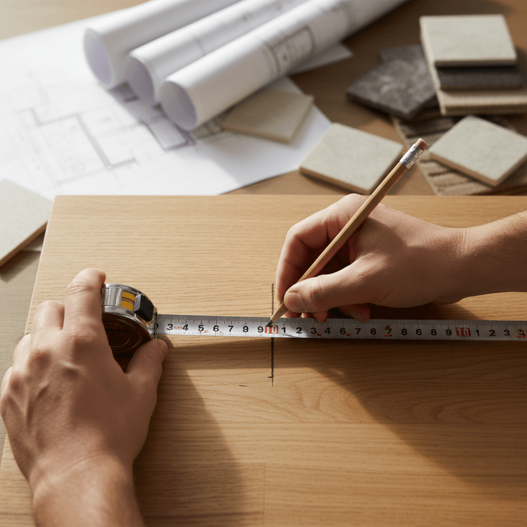 Contractor measuring kitchen countertop with precision